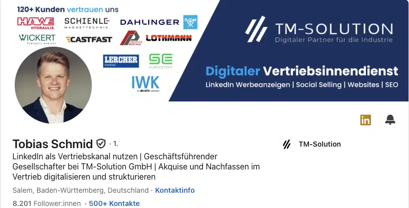 LinkedIn Personenprofil Tobias Schmid Geschäftsführung TM-Solution