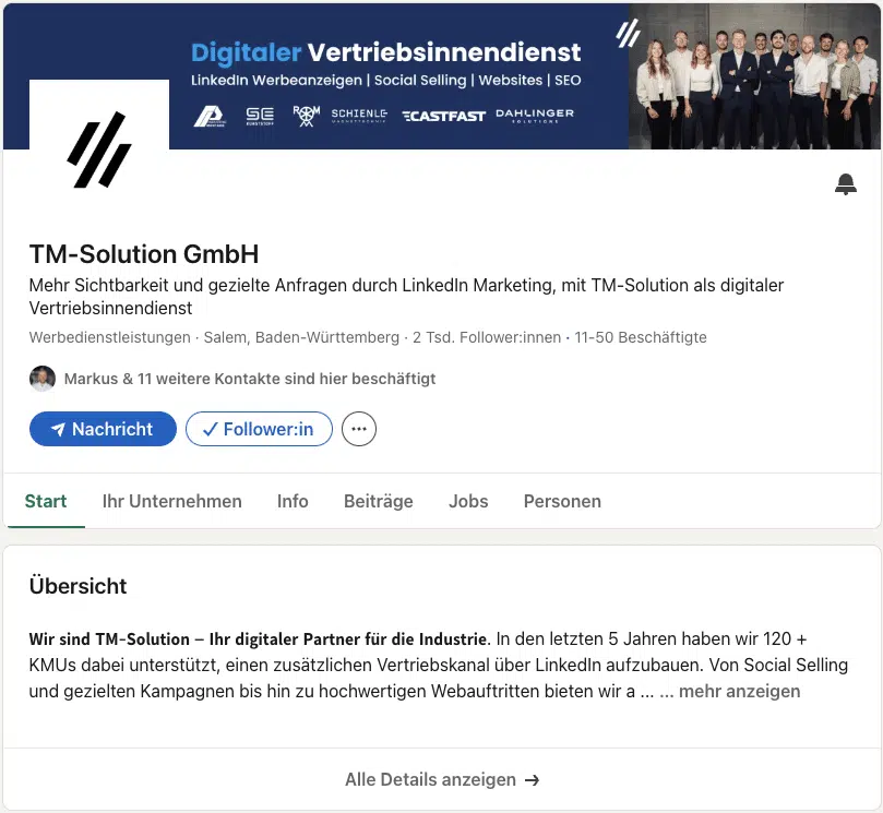 LinkedIn Unternehmensprofil TM-Solution